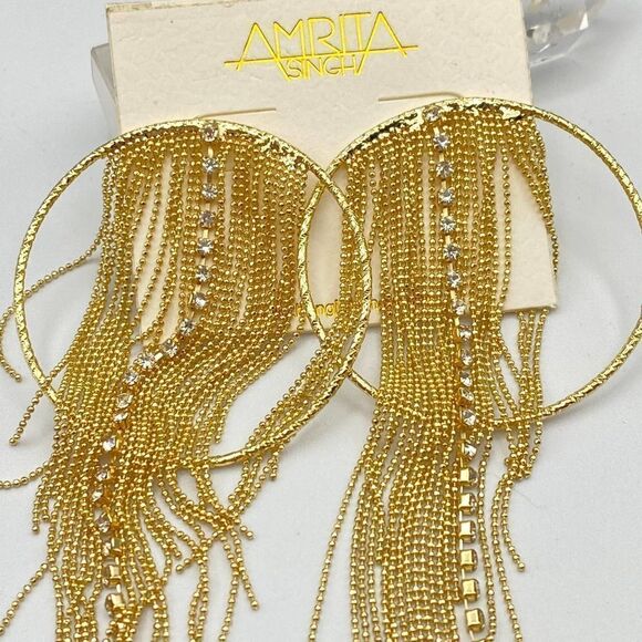 Amrita Singh Gold Chain Fringe Austrian Crystal Statement Earrings - Picture 2 of 5